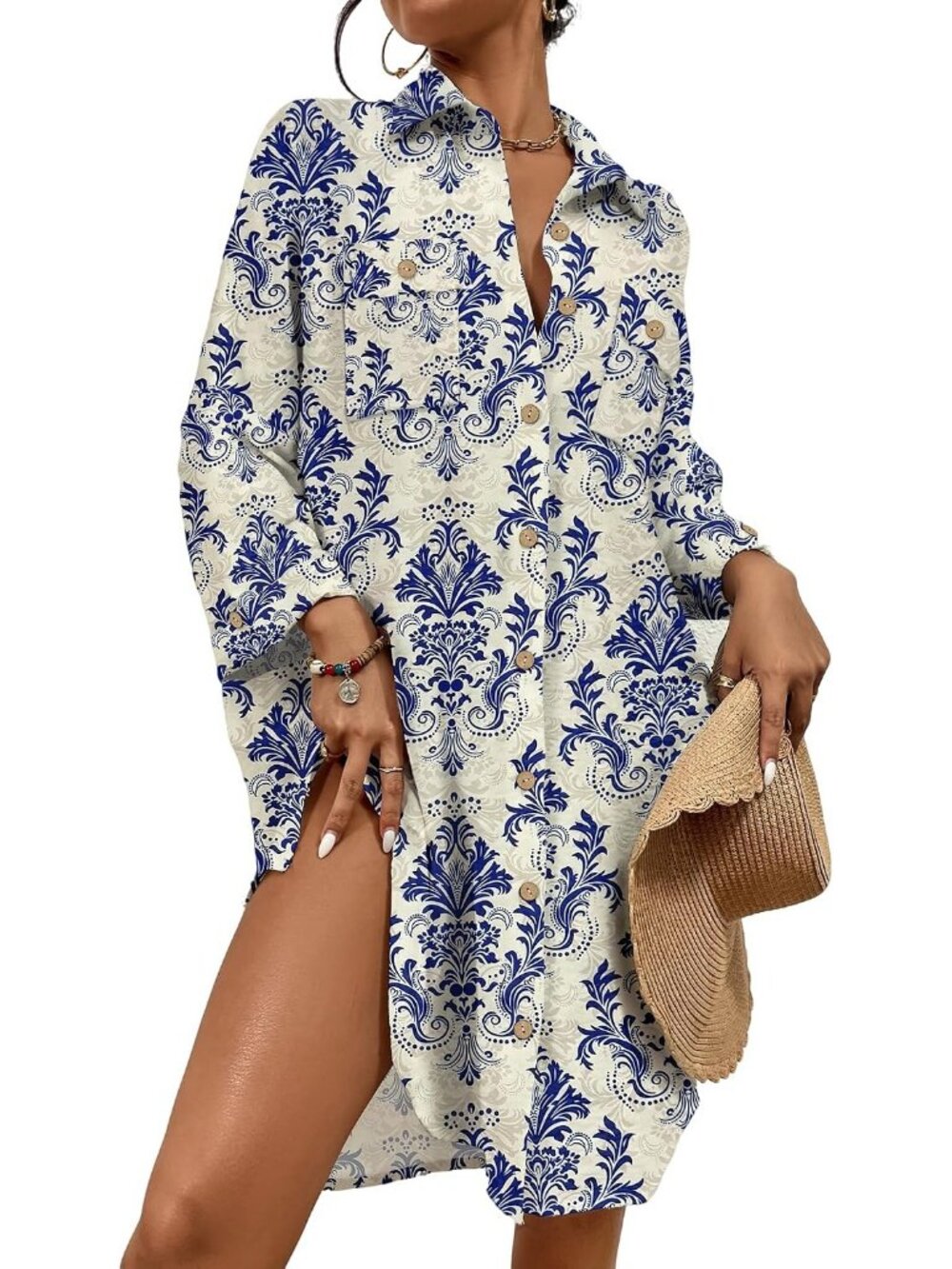 Women's Retro Blue Polyester Button Down Shirt Cover Up Beach Swimsuit Cover Up